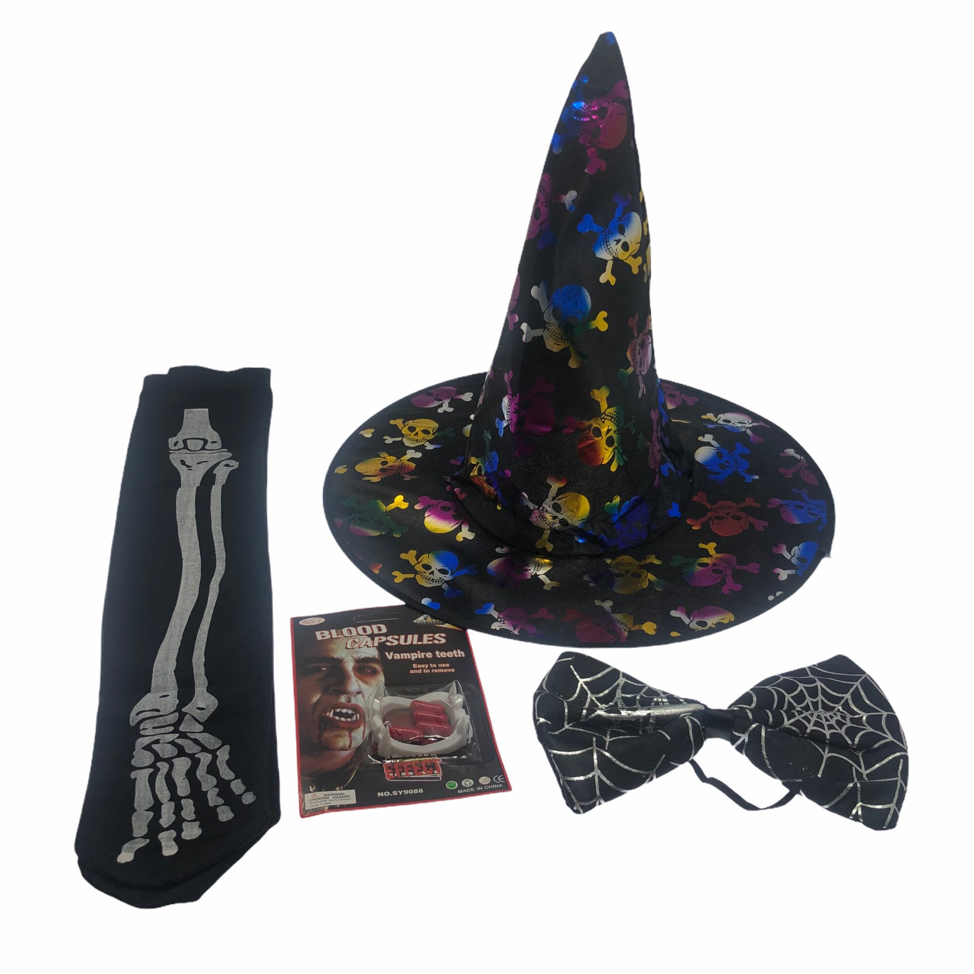 Set 4 accesorii pentru Halloween, Atelier, Palarie vrajitoare, dinti, manusi si papion schelete
